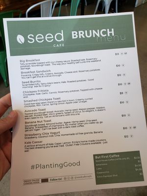 Brunch menu at Seed Cafe in Minneapolis