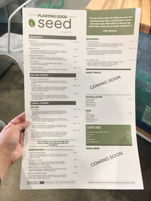 Soft opening menu at Seed Cafe in Minneapolis