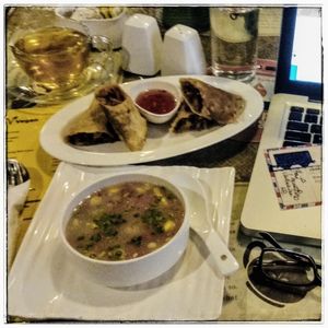 ? Sweet Corn Soup, Mixed Vegetable Spring Rolls and Giddapahar Green Tea at First Flush in Kolkata