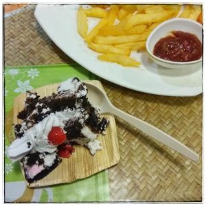 French Fries (with Salsa on the side) and Vegan Sugar-free Chocolate Black Forest (prepared by Just Bakes) on my father's 91st birthday celebrated at First Flush. at First Flush in Kolkata
