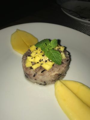 Traditional thai dessert: Sticky rice with coconut milk and mango at Zebra in Prague