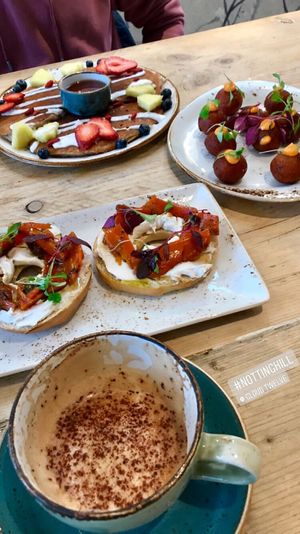 Smoked carrot, cream “cheese” bagel; Maple maca buckwheat pancakes and sweet patatas bravas  at Erpingham House at Cloud Twelve in West London
