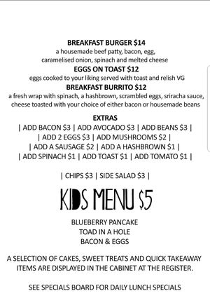 Additional page of menu at Little Cafe on Churchill in Adelaide