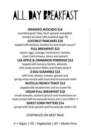 Breakfast menu with multiple vegan options as shown by the V at Little Cafe on Churchill in Adelaide