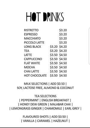 Hot drinks menu at Little Cafe on Churchill in Adelaide
