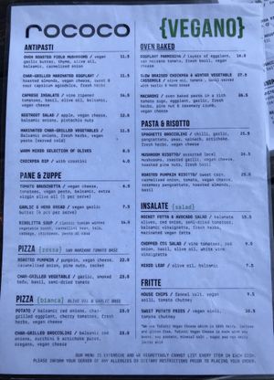 Vegan menu  at Rococo in Hawthorn