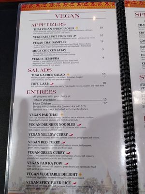 Vegan menu at Sab Lai Thai Kitchen in San Diego