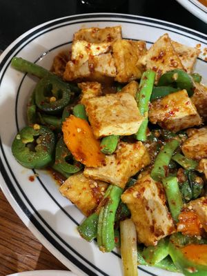 Vegan tofu and veggies. Asked for 10/10 spice but was not    at Sab Lai Thai Kitchen in San Diego
