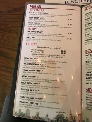 Vegan page in their menu at Sab Lai Thai Kitchen in San Diego