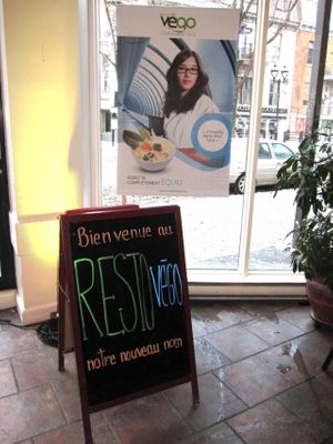Commensal St Denis rebranded as Resto Végo - sign says 'Welcome to Resto Végo, our new name'. at Commensal - St Denis in Montreal