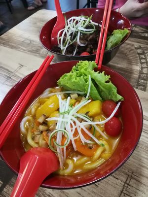 Vegan Japanese curry udon and vegan mushroom ramen at 340 Vegetarian in Northeast Singapore