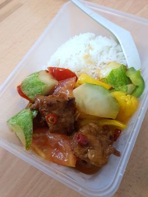 Sweet & Sour Pork with rice at 340 Vegetarian in Northeast Singapore