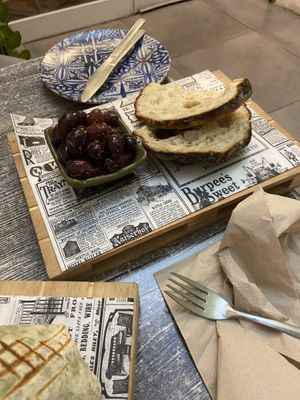 Kalamata olives and ftira  at Balance Bowl in Gzira