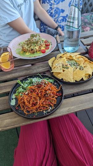 Trio of salads, nachos and dip, cauliflower no steak at Balance Bowl in Gzira