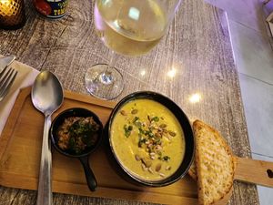 Zucchini soup and beans and garlic cream to spread on the ftira at Balance Bowl in Gzira