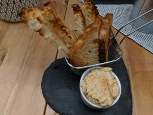 Warm bread with hummus at Balance Bowl in Gzira