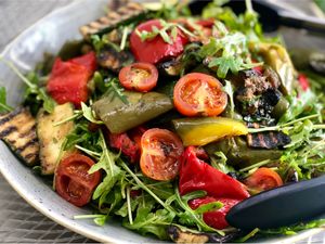 Grilled veggie and tomato salad with rocket  at Balance Bowl in Gzira