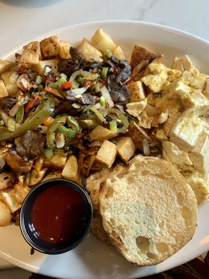 Greek skillet - Sub Eggs with TOFU. Sub cheese with jalapeños and mushroom   at Herms Inn in Logan