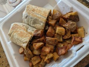 Vegan breakfast burrito at Herms Inn in Logan
