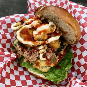 Delicious “Fish” burger with pineapple  at ITIS in East London