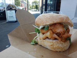 Fried Fish (banana blossom) sandwich at Kindred NZ in Dunedin