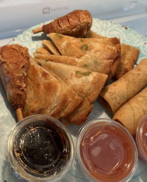 Spring rolls, scallion pancakes, & drumsticks for fam  at Loving Hut - Chandler St in Worcester