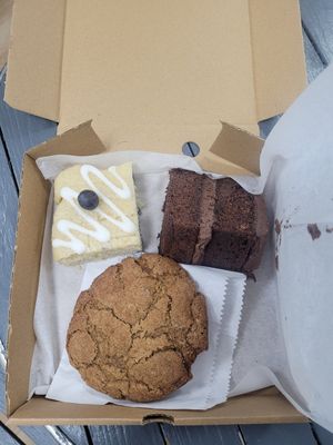 Blueberry Lemon Square, Chocolate Sponge (GF), and Cinnamon Cookie at Rachel's Vegan Cakes in Wrexham
