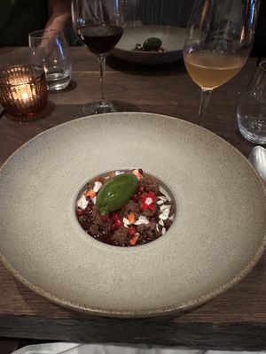 Sorrel sorbet with brownies, ganache, and fermented lingonberries - my favorite   at Natura in Helsinki