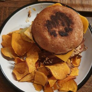 Burger and sweet potato  crisps. Crisps were soft and not crunchy at Wild & The Moon - Saint Honoré in Paris