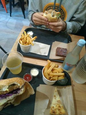 Seitan and crispy soya burger. Flan and brownies. at Theory (ex-BurgerTheory) in Paris