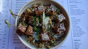 Tempeh, rice at Broadway in Kos