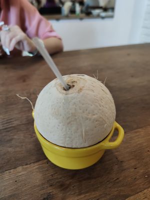 Fresh cold coconut juice at Mang's Mania in Ho Chi Minh City