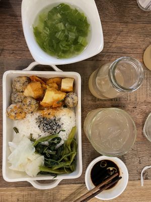 Vegan balls and tofu in tomato sauce with included side soup.  at Mang's Mania in Ho Chi Minh City