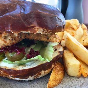 Tofu burger and fries (vegan)  at Moment in Christchurch