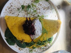 Chickpea omelette with jackfruit and cashew cream  at Moment in Christchurch