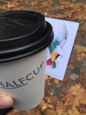 Vegan dark hot choc with their super cute loyalty card at Half Cup in London
