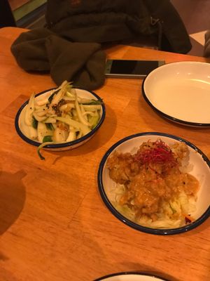 Pak Choi in plum sauce and crispy tofu with peanut sauce - extremely yummy  at li.ke in Berlin