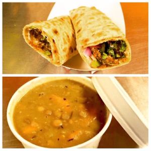 Our new Plant-Based Menu Items:  LOVE Wrap (Air-Fried Mushrooms + Kale + Tomato + Green Pepper + Red Onion w/ Mayo drizzle and Veggie Lentil Soup  at Juiceade in Bronx