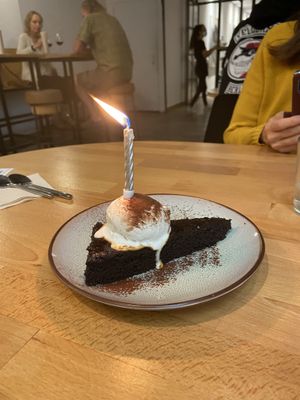 The brownie with coconut ice cream is lovely  at Roots & Rolls in Barcelona