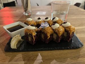 Jumping Jack rolls. Spanish rice disguised as sushi  at Roots & Rolls in Barcelona