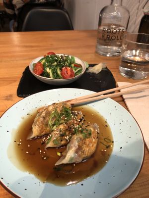 Gyoza and Wakame salad!  at Roots & Rolls in Barcelona