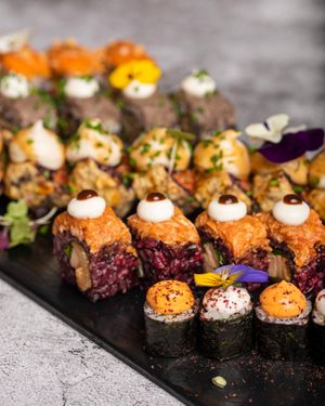 Vegan Sushi Roots & Rolls Barcelona Tasting platter at Roots & Rolls in Barcelona