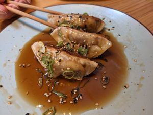 gyozas at Roots & Rolls in Barcelona