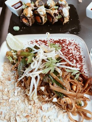 Vegan pad Thai + sushi  at Roots & Rolls in Barcelona