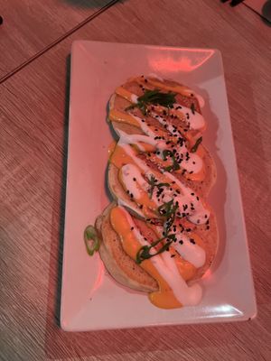 okonomiyaki = good but too fishy taste for me   at Roots & Rolls in Barcelona