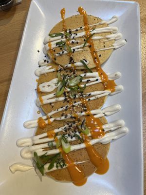 Kimchi pancakes  at Roots & Rolls in Barcelona