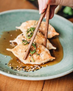 Homemade gyozas with sweet dashi sauce!  at Roots & Rolls in Barcelona