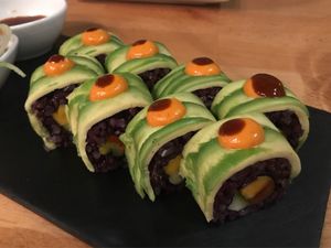Spicy mango sushi at Roots & Rolls in Barcelona