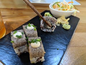 Mushroom sushi at Roots & Rolls in Barcelona