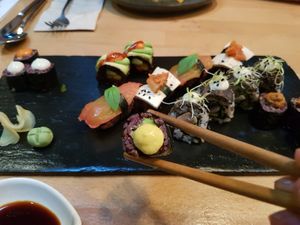 sushi plate at Roots & Rolls in Barcelona